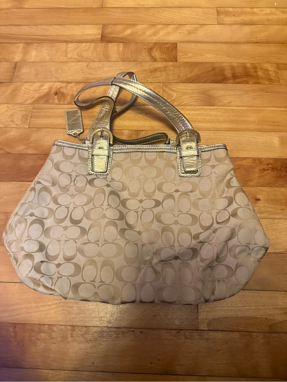 Coach Beige Signature Shoulder Tote with Metallic Gold Trim